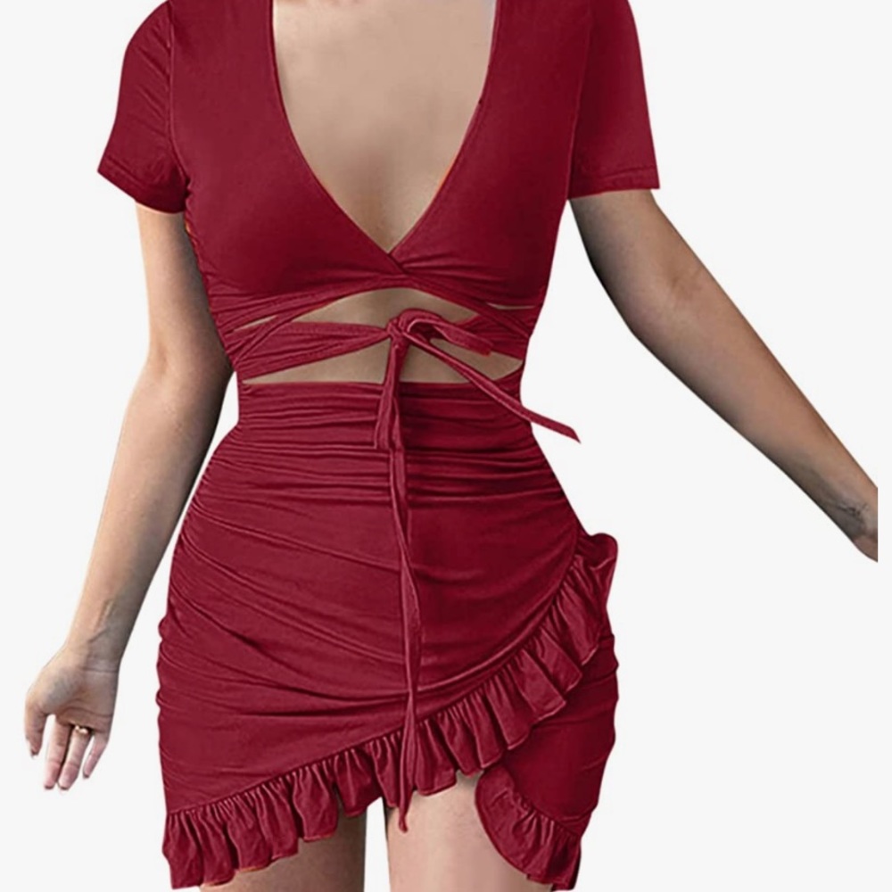 New without tags. red wine cut out tie dress with frills. Small/us size 4